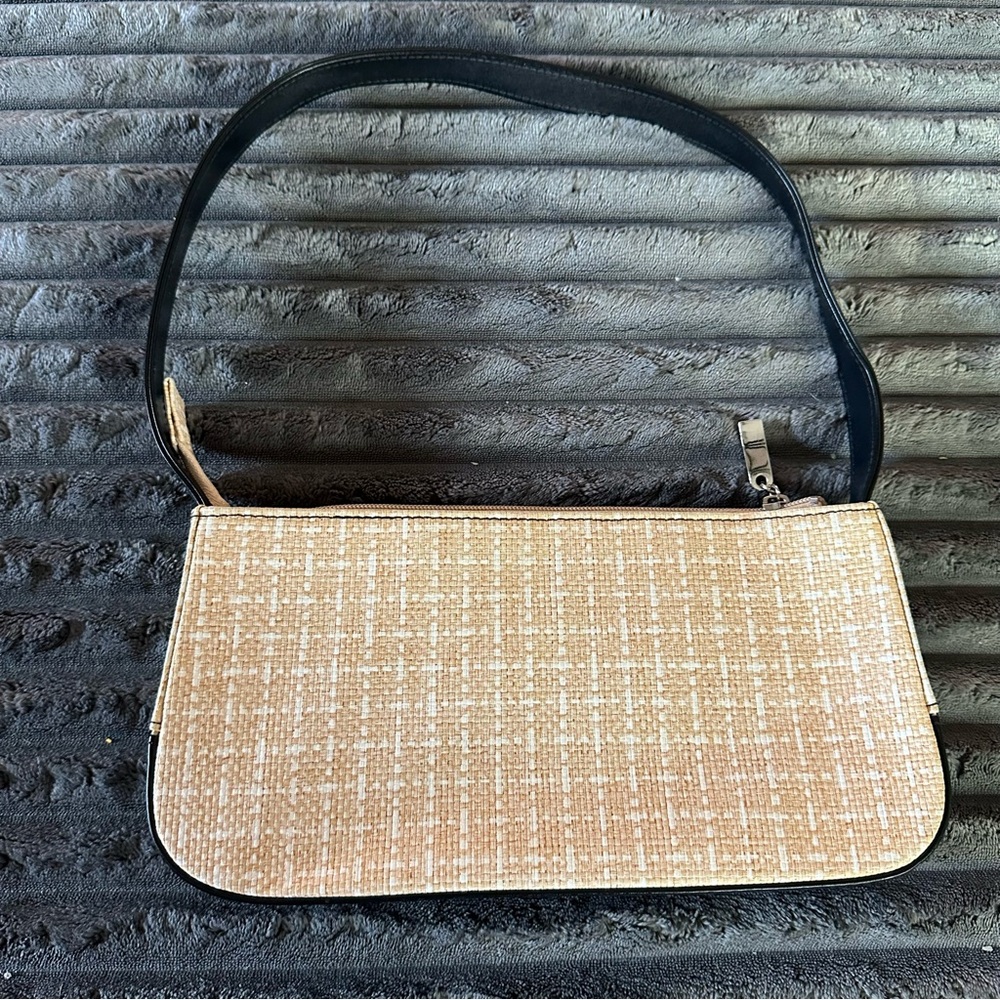 Vintage Y2K Beige Woven Mini Shoulder Bag with Black Trim